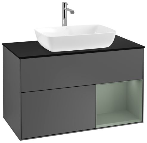 V&B Waschtisch-Unterschrank Wandbeleuchtung Finion 100cm, Abdeckplatte black matt, Regal Olive matt lacquer, Anthracite matt