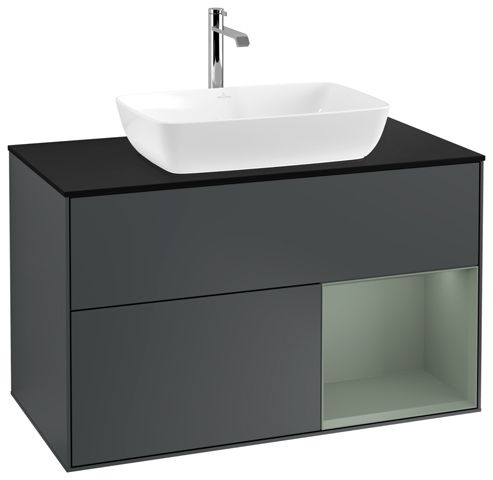 V&B Waschtisch-Unterschrank Wandbeleuchtung Finion 100cm, Abdeckplatte black matt, Regal Olive matt lacquer, Midnight Blue Matt Lacquer