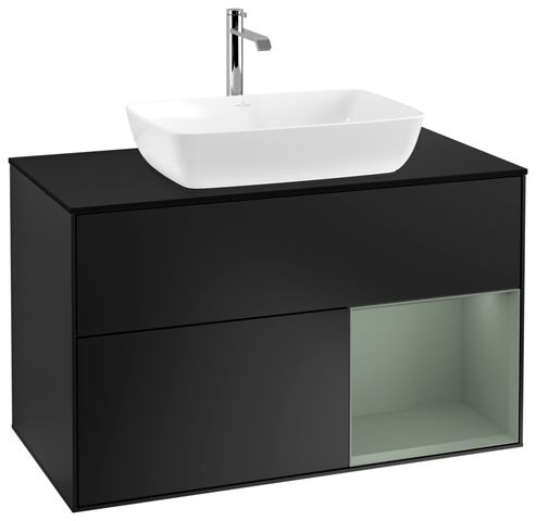 V&B Waschtisch-Unterschrank Wandbeleuchtung Finion 100cm, Abdeckplatte black matt, Regal Olive matt lacquer, Black matt lacquer