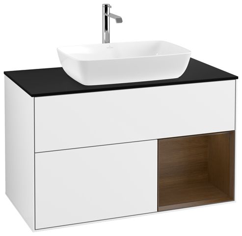V&B Waschtisch-Unterschrank Wandbeleuchtung Finion 100cm, Abdeckplatte black matt, Regal Walnut Veneer, Glossy white lacquer