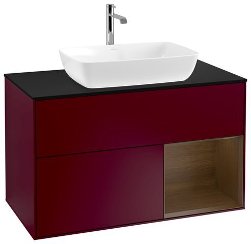 V&B Waschtisch-Unterschrank Wandbeleuchtung Finion 100cm, Abdeckplatte black matt, Regal Walnut Veneer, Peony Matt