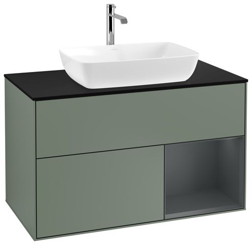V&B Waschtisch-Unterschrank Wandbeleuchtung Finion 100cm, Abdeckplatte black matt, Regal Midnight matt lacquer, Olive Matt Lacquer