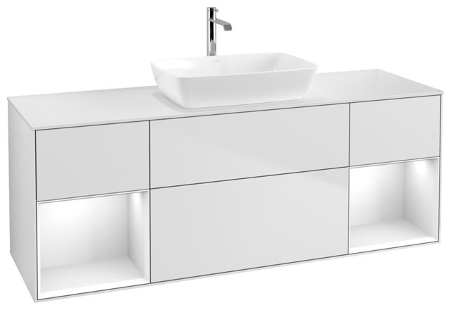 V&B Waschtisch-Unterschrank Wandbeleuchtung Finion 160cm, Abdeckplatte white matt, Regal Glossy white lacquer, White matt lacquer