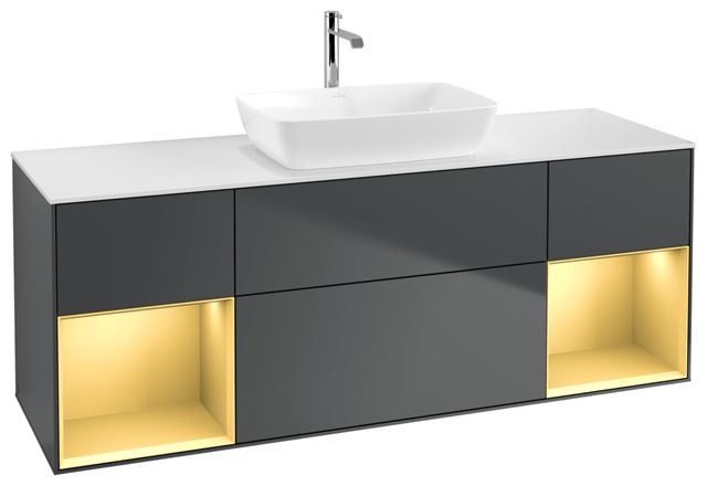 V&B Waschtisch-Unterschrank Wandbeleuchtung Finion 160cm, Abdeckplatte white matt, Regal Gold matt lacquer, Midnight Blue Matt Lacquer