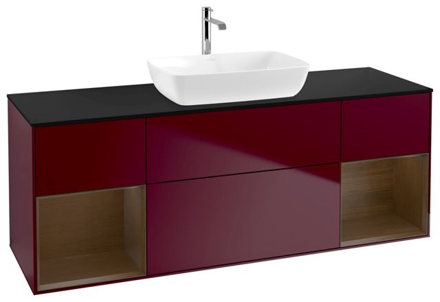 V&B Waschtisch-Unterschrank Wandbeleuchtung Finion 160cm, Abdeckplatte black matt, Regal Walnut Veneer, Peony Matt