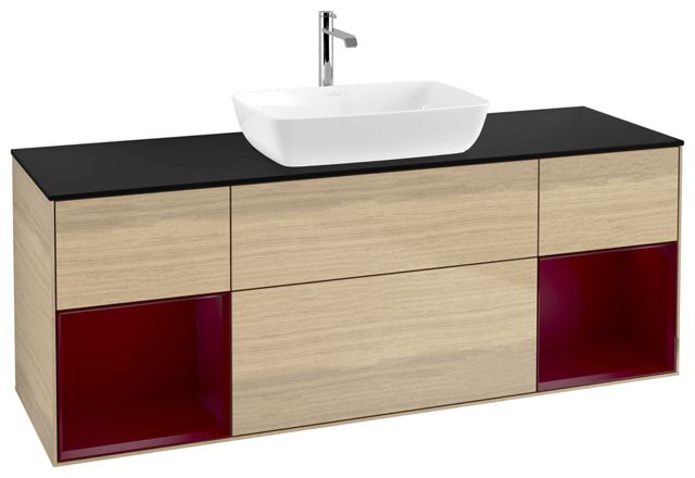 V&B Waschtisch-Unterschrank Wandbeleuchtung Finion 160cm, Abdeckplatte black matt, Regal Peony matt lacquer, Oak Veneer