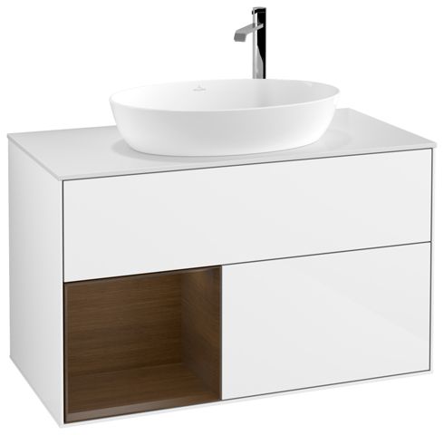V&B Waschtisch-Unterschrank Wandbeleuchtung Finion 100cm, Abdeckplatte white matt, Regal Walnut Veneer, Glossy white lacquer