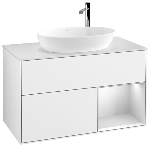 V&B Waschtisch-Unterschrank Wandbeleuchtung Finion 100cm, Abdeckplatte white matt, Regal White matt lacquer, Glossy white lacquer