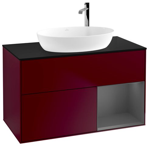 V&B Waschtisch-Unterschrank Wandbeleuchtung Finion 100cm, Abdeckplatte black matt, Regal Anthracite matt lacquer, Peony Matt