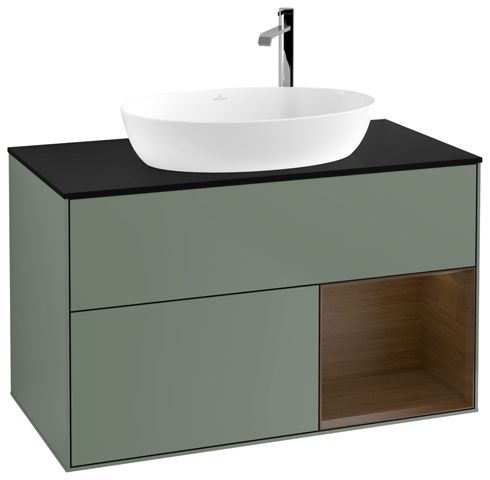 V&B Waschtisch-Unterschrank Wandbeleuchtung Finion 100cm, Abdeckplatte black matt, Regal Walnut Veneer, Olive Matt Lacquer