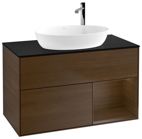 V&B Waschtisch-Unterschrank Wandbeleuchtung Finion 100cm, Abdeckplatte black matt, Regal Walnut Veneer, Walnut veneer
