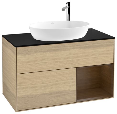 V&B Waschtisch-Unterschrank Wandbeleuchtung Finion 100cm, Abdeckplatte black matt, Regal Walnut Veneer, Oak Veneer