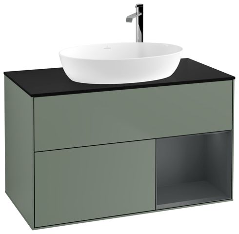 V&B Waschtisch-Unterschrank Wandbeleuchtung Finion 100cm, Abdeckplatte black matt, Regal Midnight matt lacquer, Olive Matt Lacquer