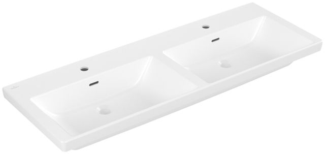V&B Schrank-Doppelwaschtisch Subway 3.0 130x47cm, eckig, mit je 1 Hahnloch/mit Überlauf, stone white C-plus