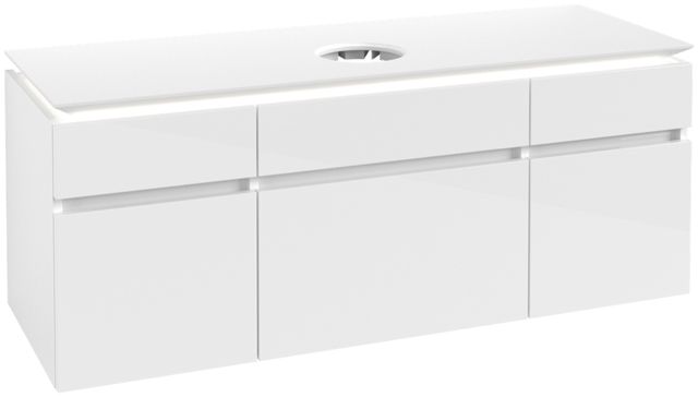 V&B Waschtischunterschrank Legato 140x55x50cm, Waschtisch mittig, mit Beleuchtung, Glossy White