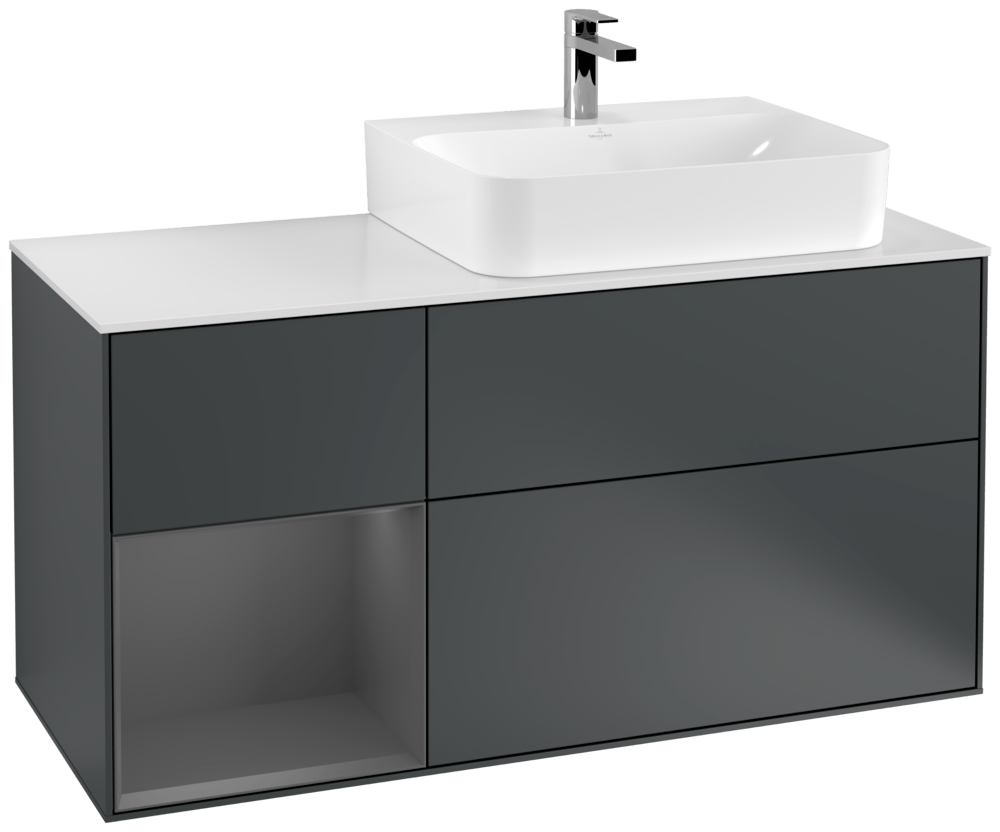 V&B Waschtisch-Unterschrank Abdeckplatte glass white Matt Finion 120cm, Regal links Anthracite matt, Midnight Blue Matt Lacquer