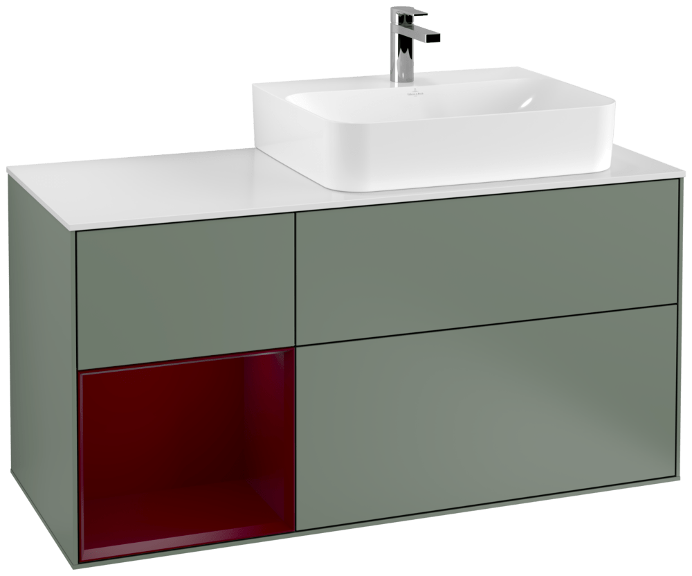 V&B Waschtisch-Unterschrank Abdeckplatte glass white Matt Finion 120cm, Regal links Peony, Olive Matt Lacquer