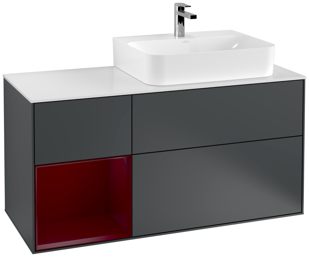 V&B Waschtisch-Unterschrank Abdeckplatte glass white Matt Finion 120cm, Regal links Peony, Midnight Blue Matt Lacquer