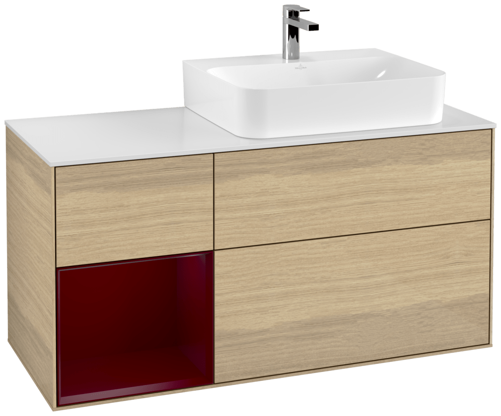 V&B Waschtisch-Unterschrank Abdeckplatte glass white Matt Finion 120cm, Regal links Peony, Oak Veneer