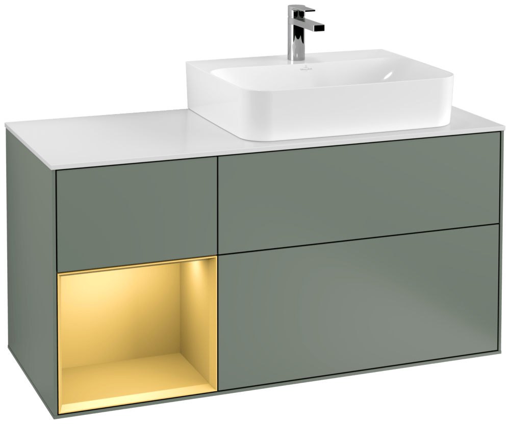 V&B Waschtisch-Unterschrank Abdeckplatte glass white Matt Finion 120cm, Regal links Gold matt, Olive Matt Lacquer
