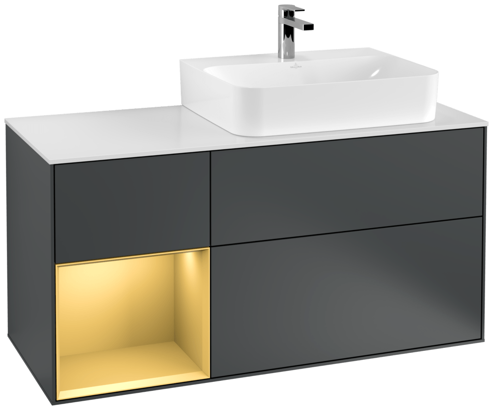 V&B Waschtisch-Unterschrank Abdeckplatte glass white Matt Finion 120cm, Regal links Gold matt, Midnight Blue Matt Lacquer