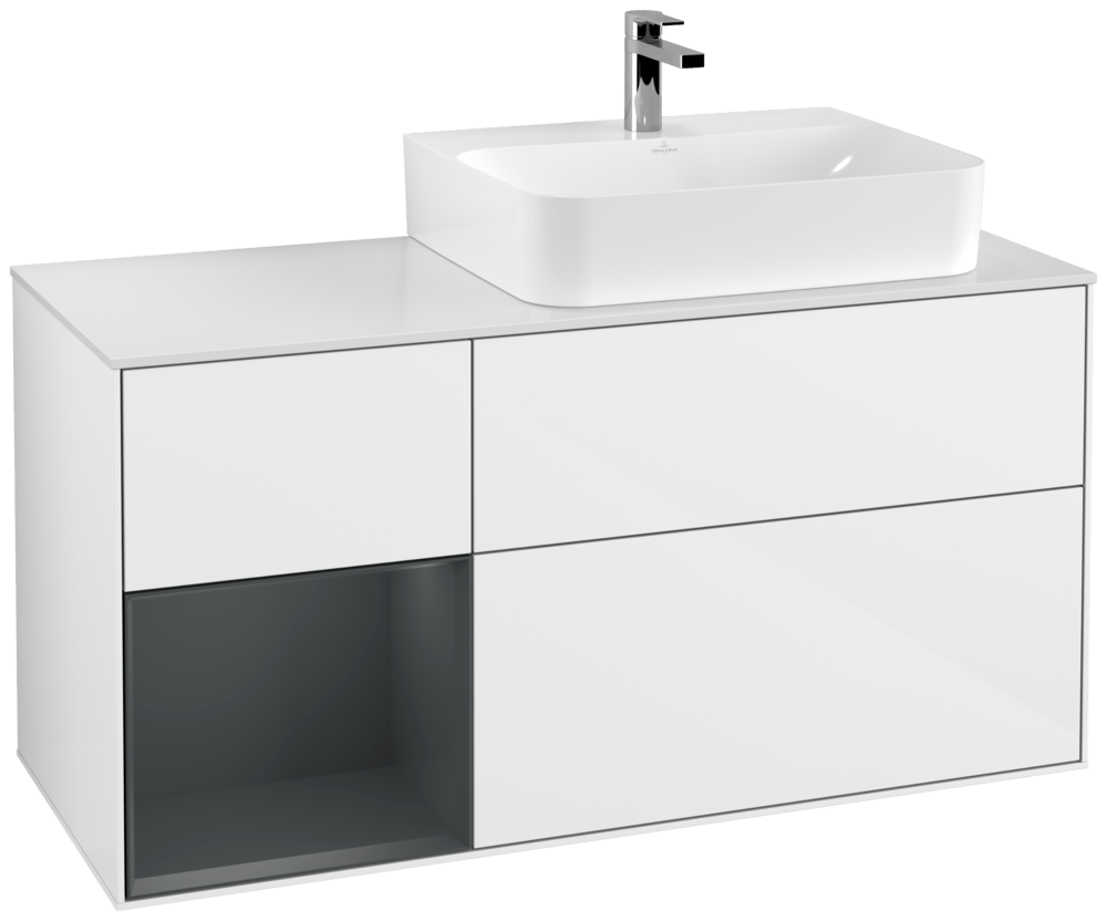 V&B Waschtisch-Unterschrank Abdeckplatte glass white Matt Finion 120cm, Regal links Midnight Blue Matt Lacquer, Glossy white lacquer