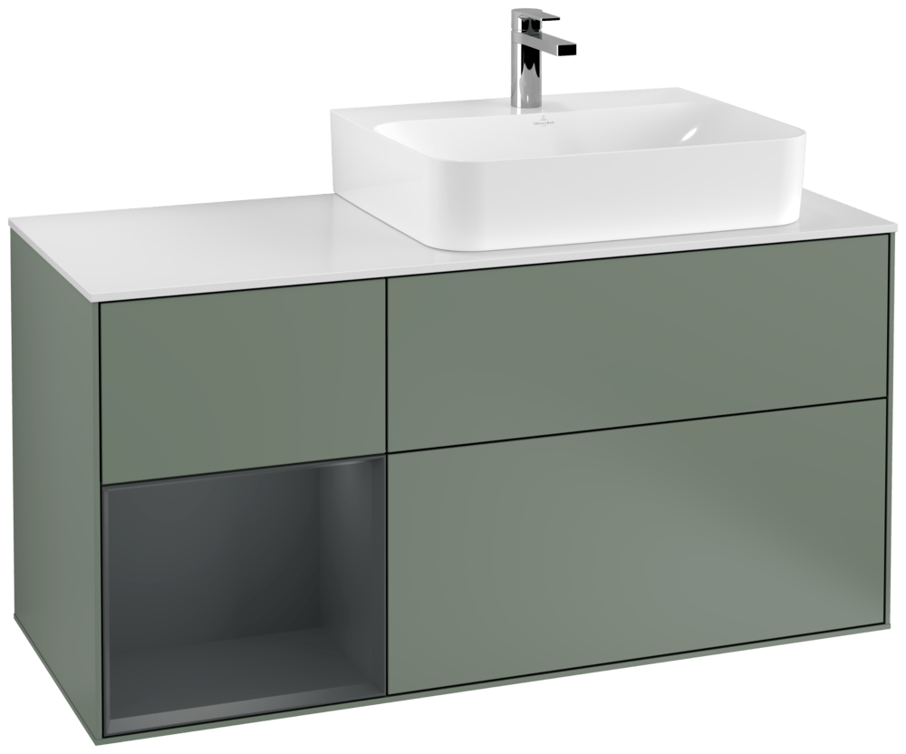 V&B Waschtisch-Unterschrank Abdeckplatte glass white Matt Finion 120cm, Regal links Midnight Blue Matt Lacquer, Olive Matt Lacquer