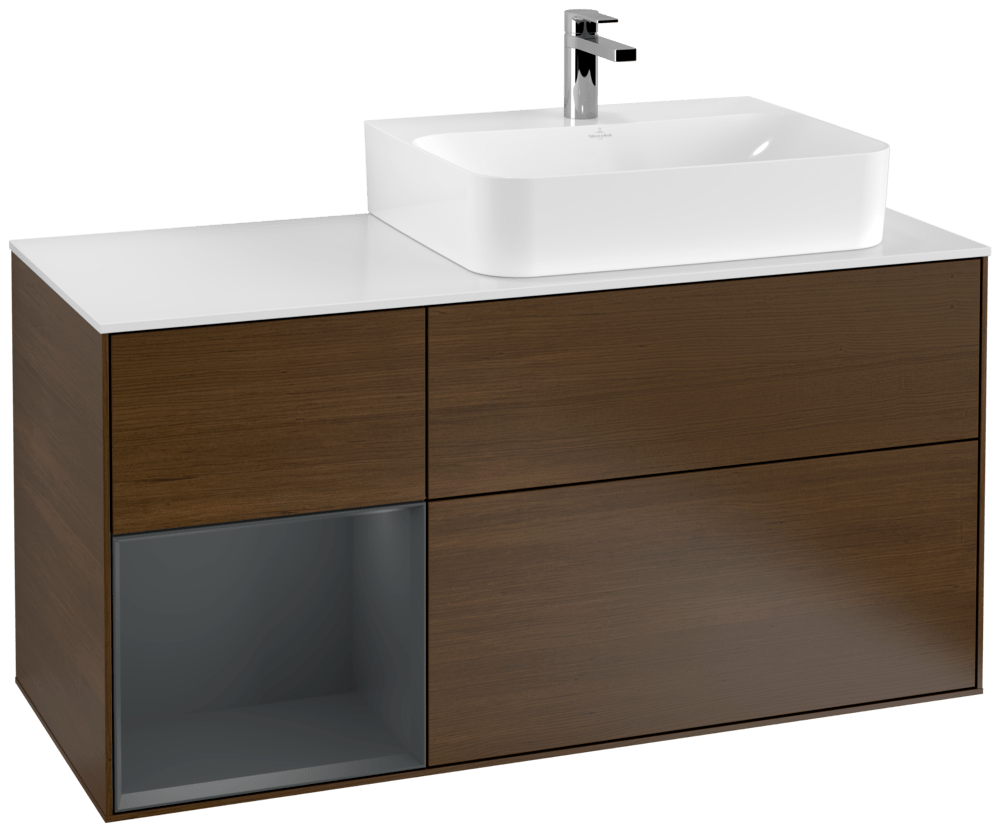 V&B Waschtisch-Unterschrank Abdeckplatte glass white Matt Finion 120cm, Regal links Midnight Blue Matt Lacquer, Walnut veneer