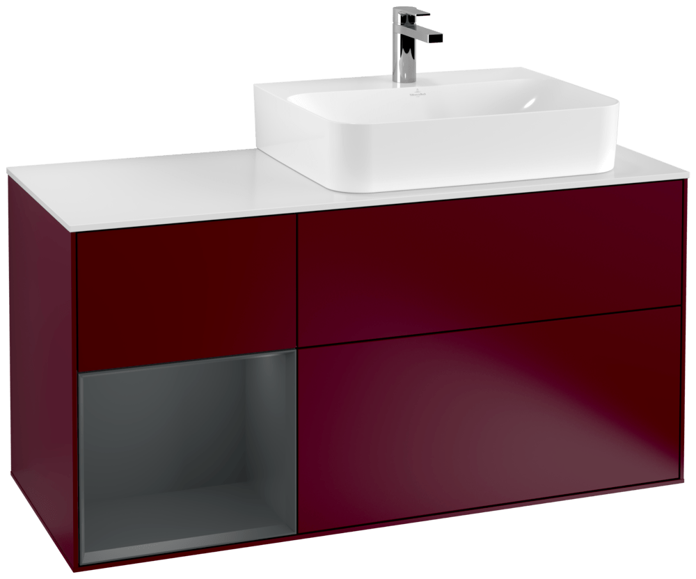 V&B Waschtisch-Unterschrank Abdeckplatte glass white Matt Finion 120cm, Regal links Midnight Blue Matt Lacquer, Peony Matt