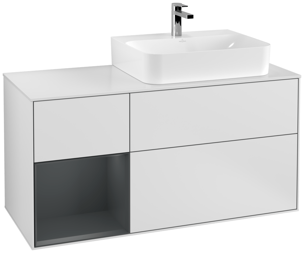 V&B Waschtisch-Unterschrank Abdeckplatte glass white Matt Finion 120cm, Regal links Midnight Blue Matt Lacquer, White matt lacquer