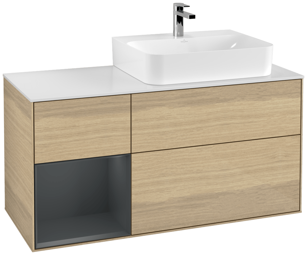 V&B Waschtisch-Unterschrank Abdeckplatte glass white Matt Finion 120cm, Regal links Midnight Blue Matt Lacquer, Oak Veneer