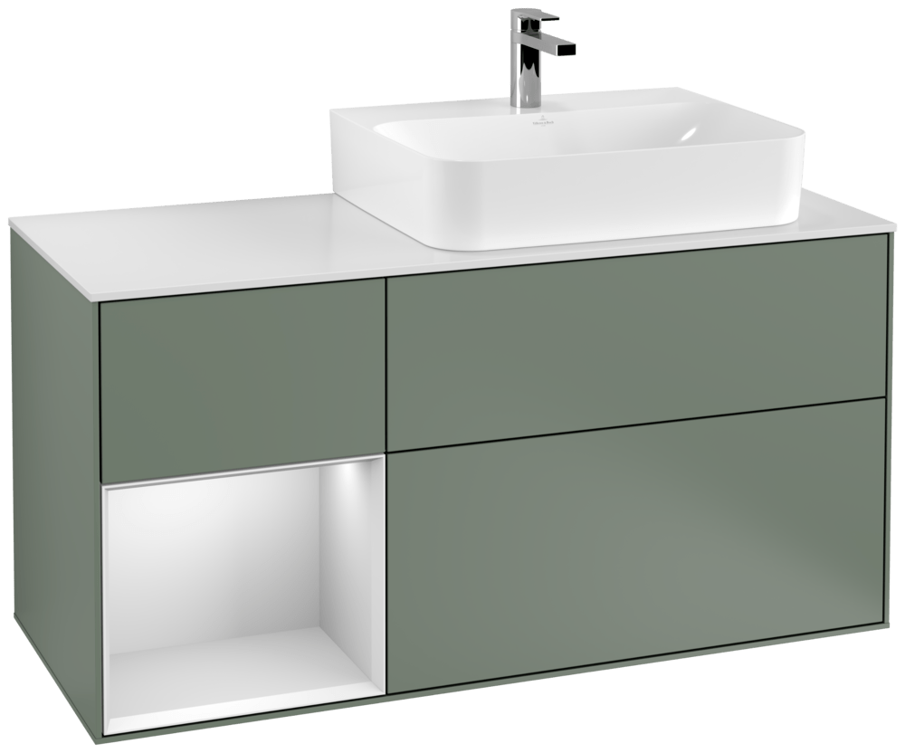 V&B Waschtisch-Unterschrank Abdeckplatte glass white Matt Finion 120cm, Regal links White matt lacquer, Olive Matt Lacquer