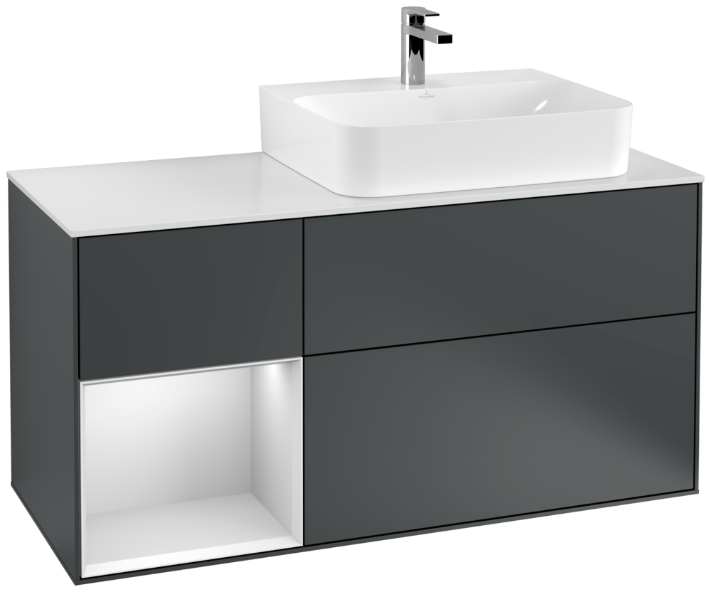 V&B Waschtisch-Unterschrank Abdeckplatte glass white Matt Finion 120cm, Regal links White matt lacquer, Midnight Blue Matt Lacquer