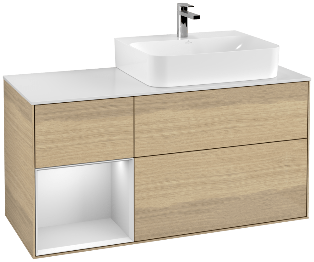 V&B Waschtisch-Unterschrank Abdeckplatte glass white Matt Finion 120cm, Regal links White matt lacquer, Oak Veneer
