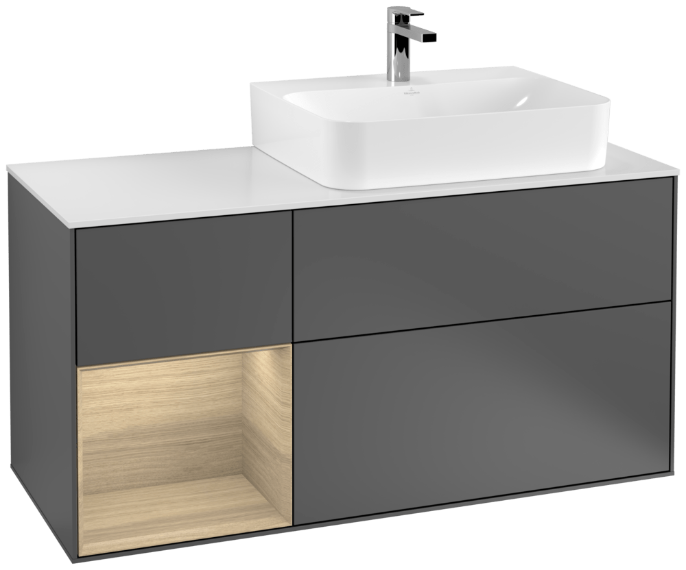 V&B Waschtisch-Unterschrank Abdeckplatte glass white Matt Finion 120cm, Regal links Oak Veneer, Anthracite matt