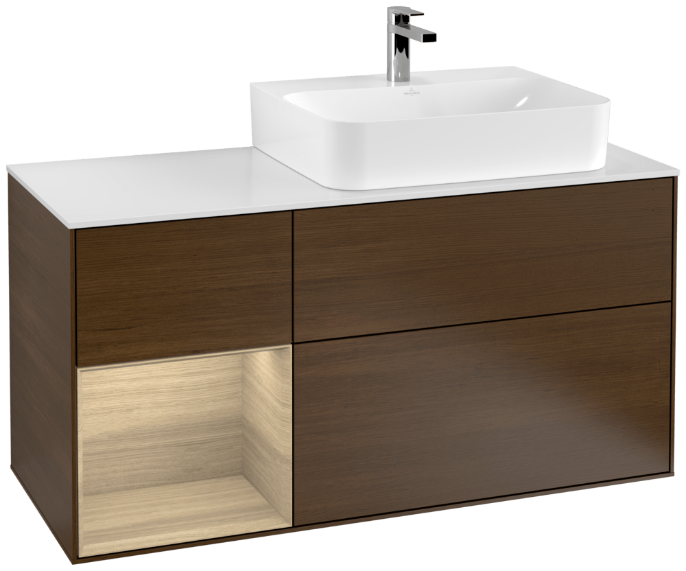V&B Waschtisch-Unterschrank Abdeckplatte glass white Matt Finion 120cm, Regal links Oak Veneer, Walnut veneer