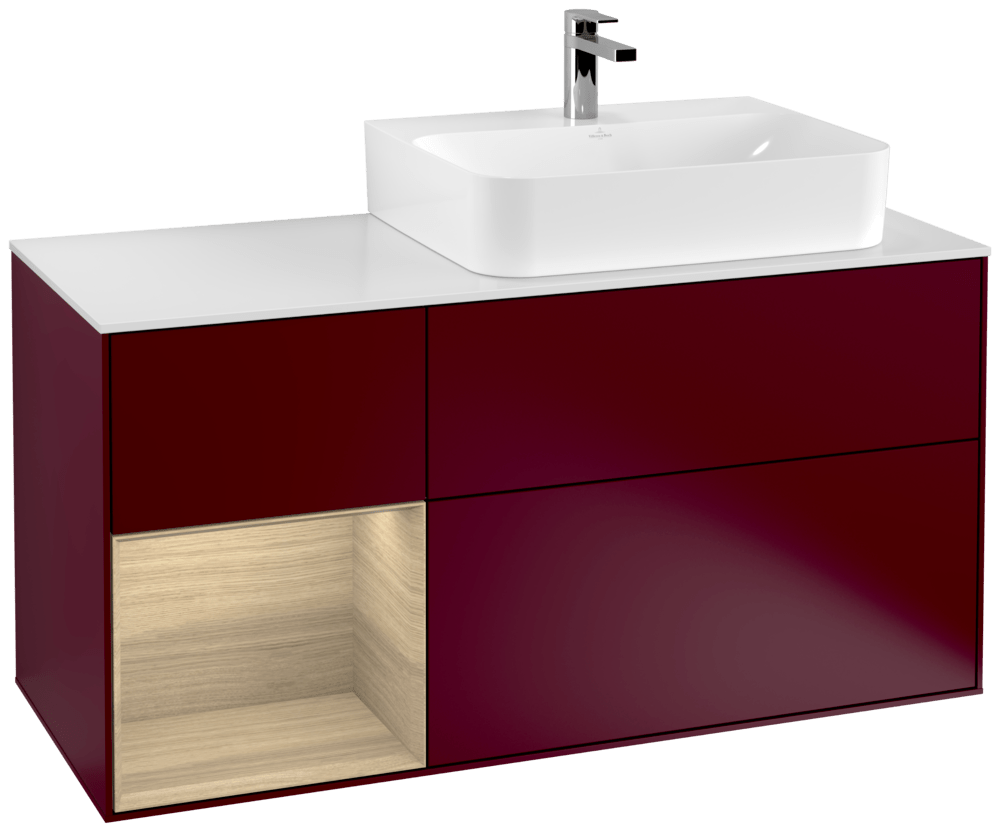 V&B Waschtisch-Unterschrank Abdeckplatte glass white Matt Finion 120cm, Regal links Oak Veneer, Peony Matt