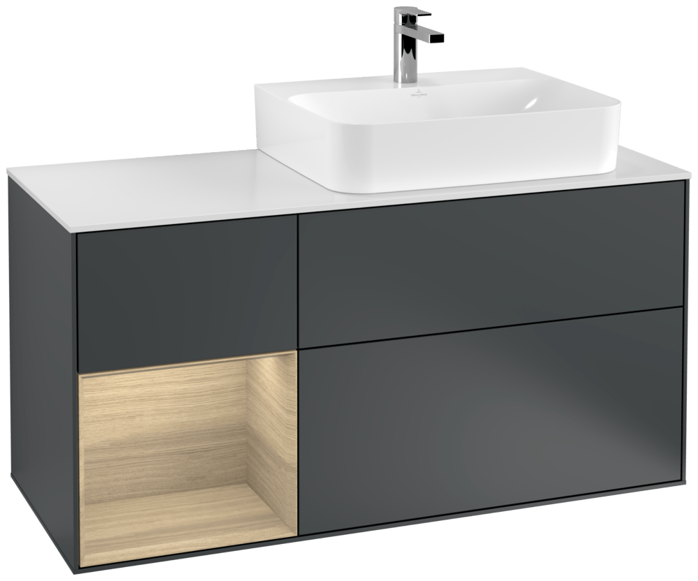 V&B Waschtisch-Unterschrank Abdeckplatte glass white Matt Finion 120cm, Regal links Oak Veneer, Midnight Blue Matt Lacquer