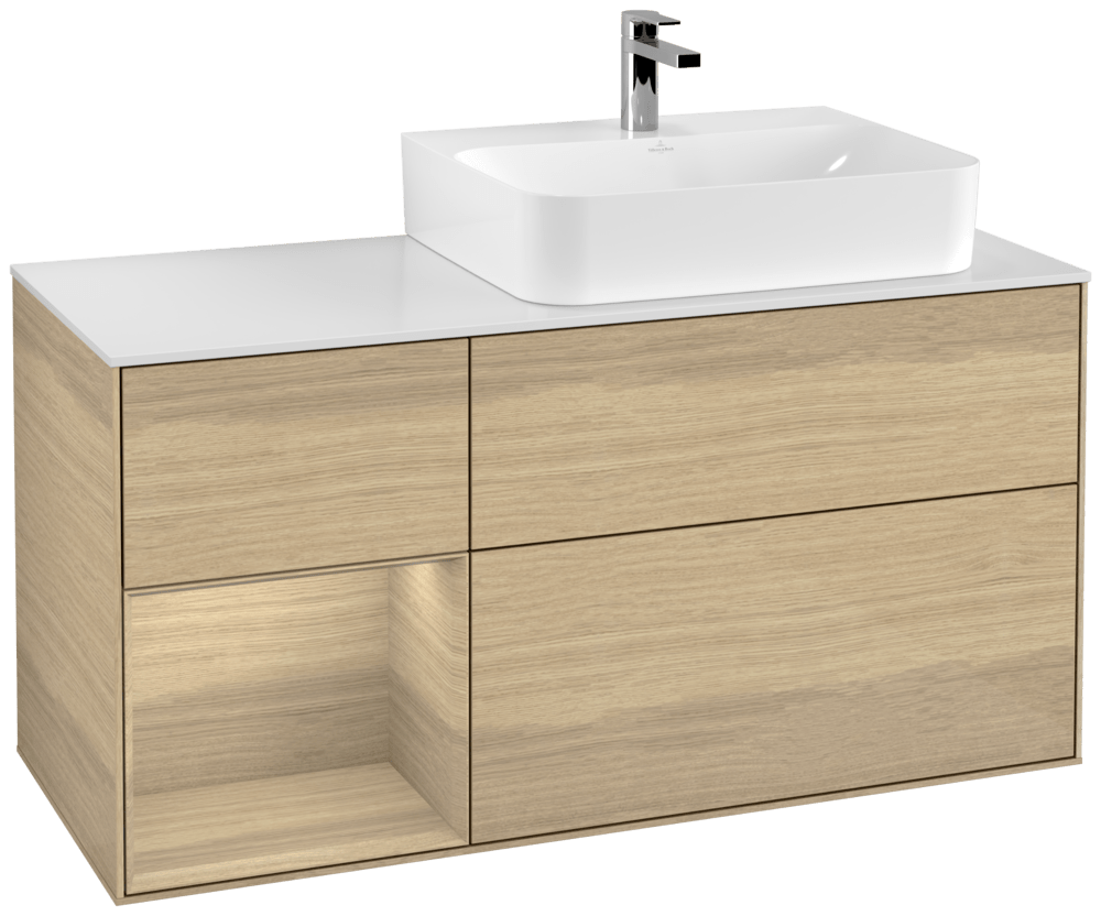 V&B Waschtisch-Unterschrank Abdeckplatte glass white Matt Finion 120cm, Regal links Oak Veneer, Oak Veneer