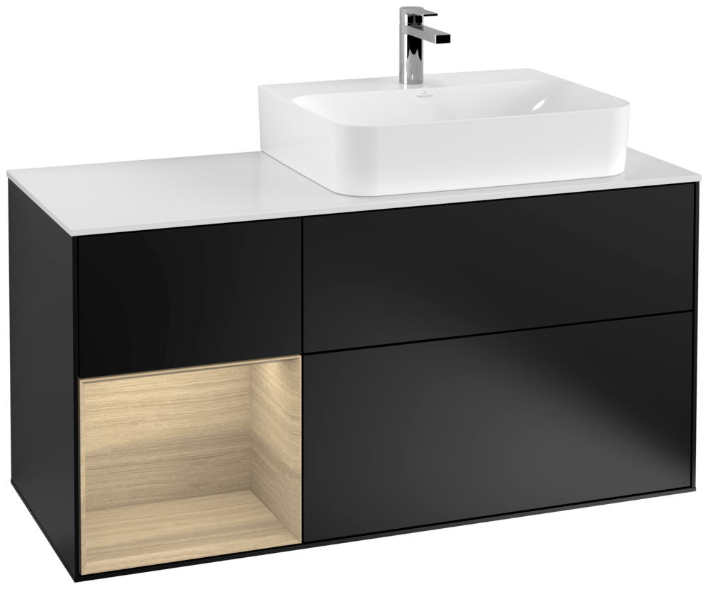 V&B Waschtisch-Unterschrank Abdeckplatte glass white Matt Finion 120cm, Regal links Oak Veneer, Black matt lacquer