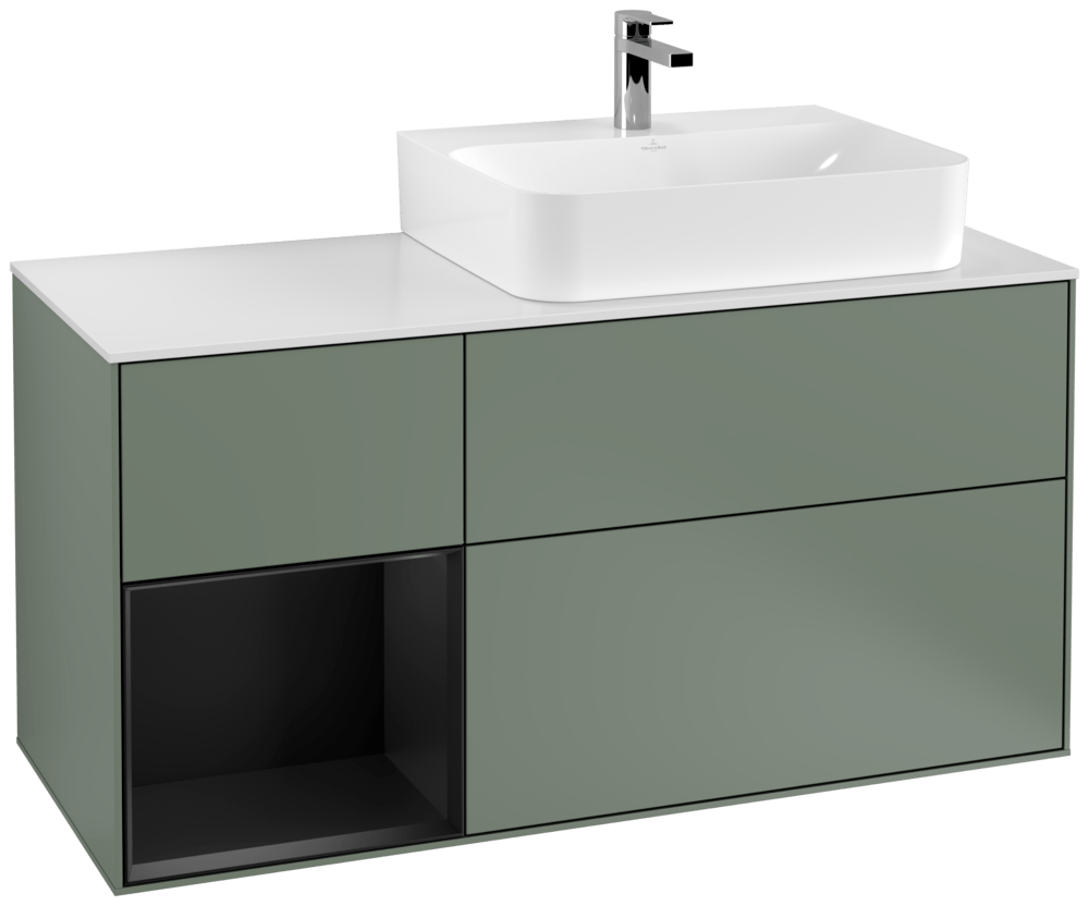 V&B Waschtisch-Unterschrank Abdeckplatte glass white Matt Finion 120cm, Regal links Black matt lacquer, Olive Matt Lacquer
