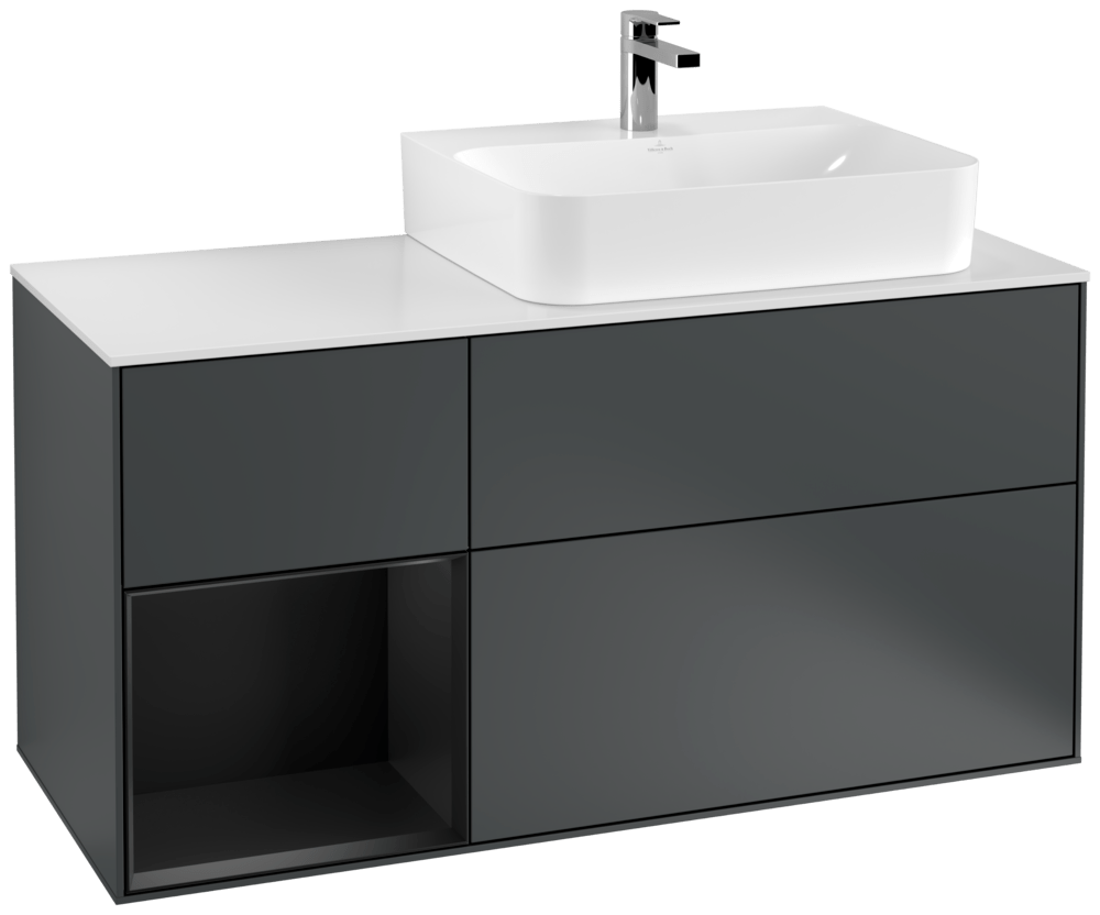 V&B Waschtisch-Unterschrank Abdeckplatte glass white Matt Finion 120cm, Regal links Black matt lacquer, Midnight Blue Matt Lacquer