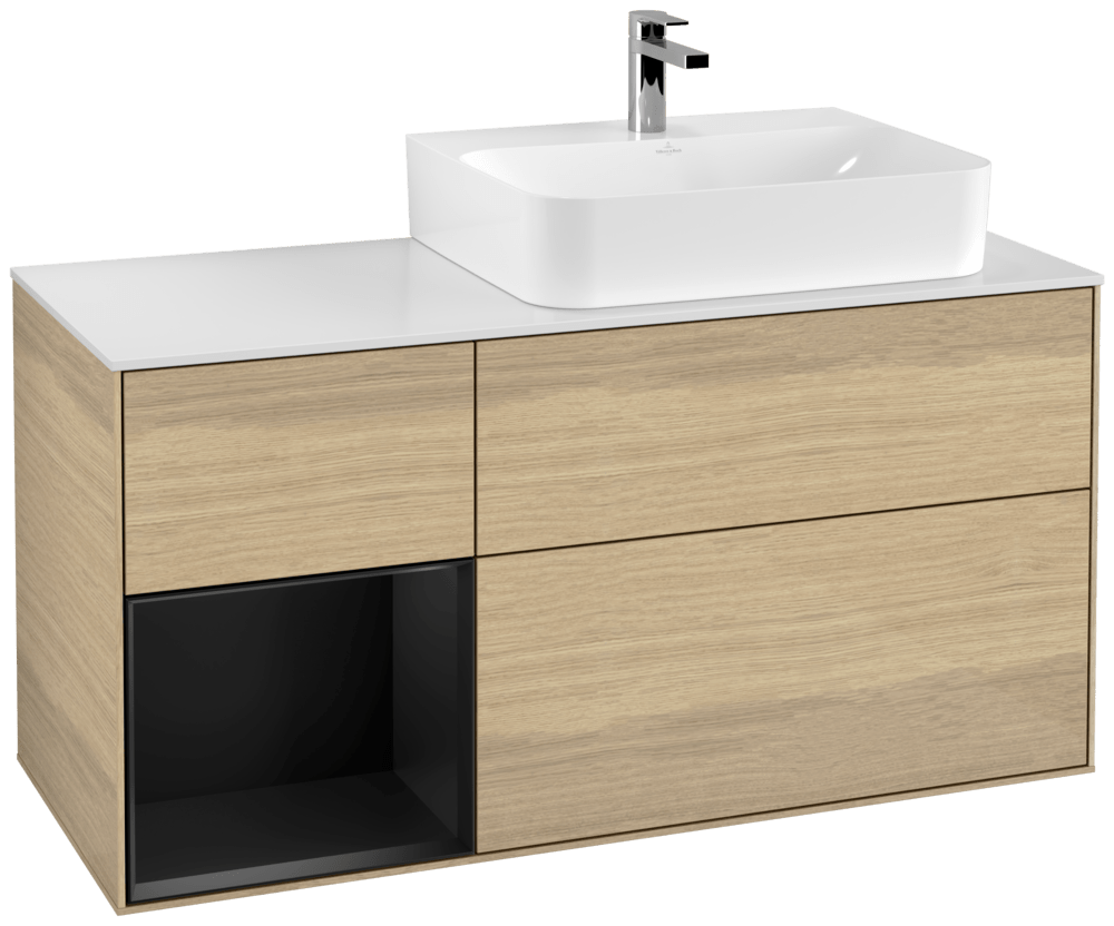 V&B Waschtisch-Unterschrank Abdeckplatte glass white Matt Finion 120cm, Regal links Black matt lacquer, Oak Veneer