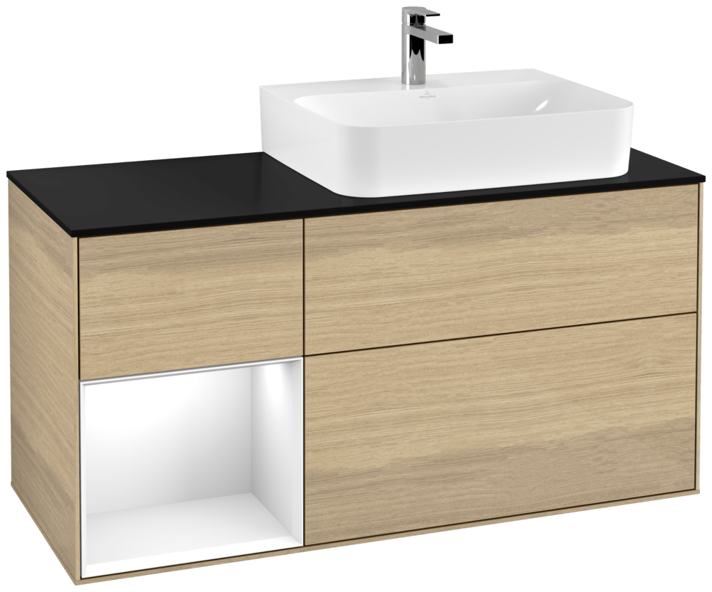 V&B Waschtisch-Unterschrank Abdeckplatte Glass Black Matt Finion 120cm, Regal links Glossy white lacquer, Oak Veneer