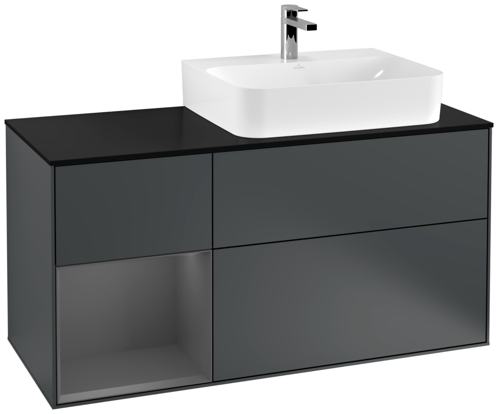 V&B Waschtisch-Unterschrank Abdeckplatte Glass Black Matt Finion 120cm, Regal links Anthracite matt, Midnight Blue Matt Lacquer