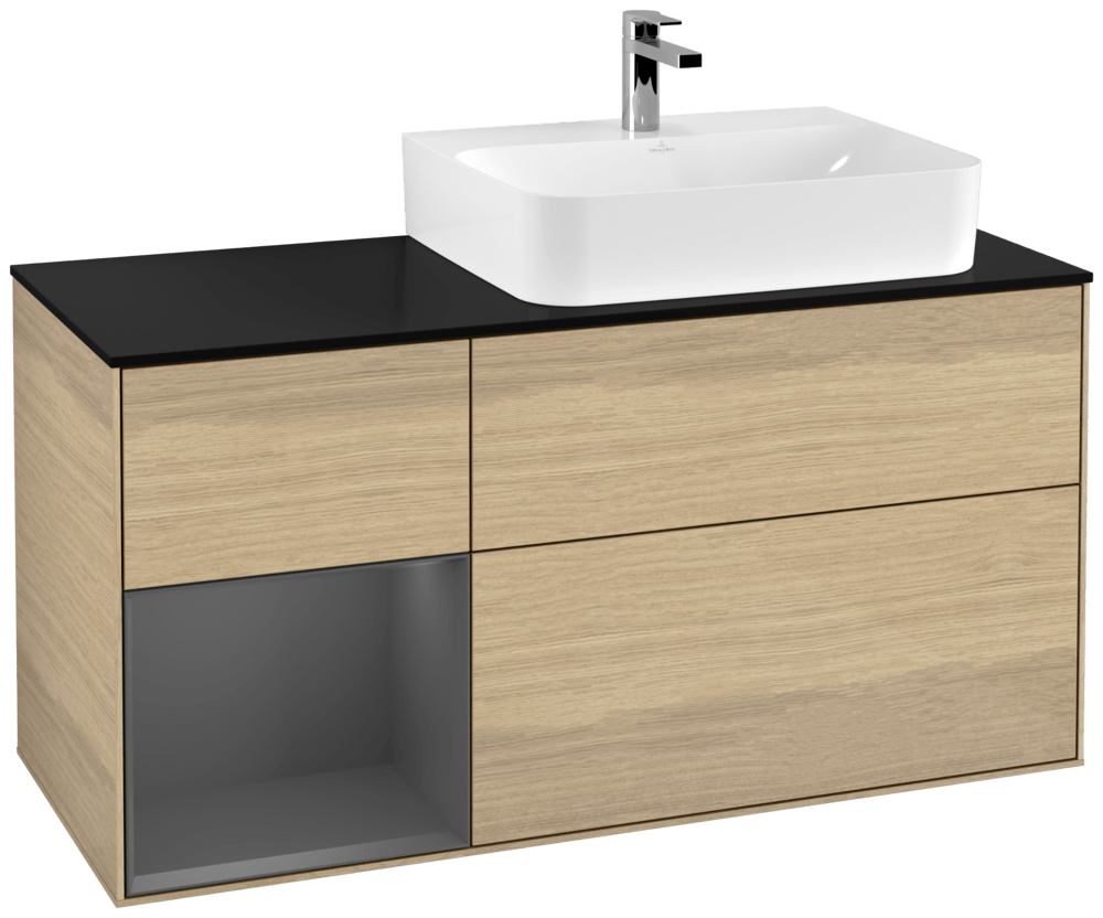 V&B Waschtisch-Unterschrank Abdeckplatte Glass Black Matt Finion 120cm, Regal links Anthracite matt, Oak Veneer