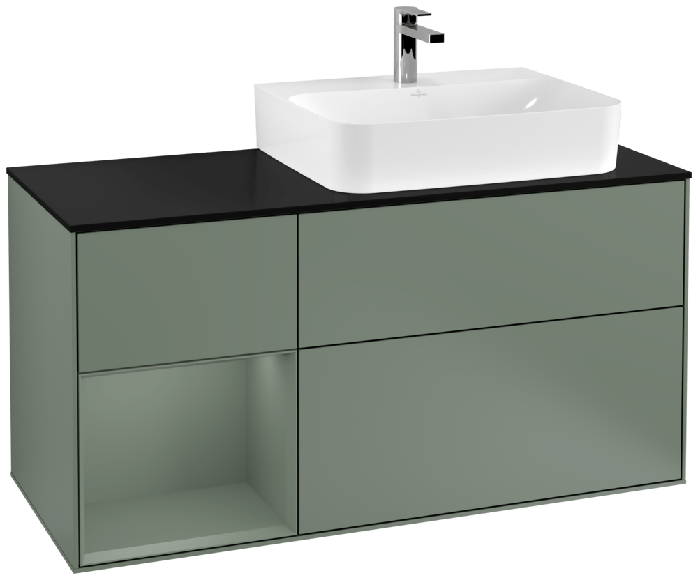 V&B Waschtisch-Unterschrank Abdeckplatte Glass Black Matt Finion 120cm, Regal links Olive Matt Lacquer, Olive Matt Lacquer
