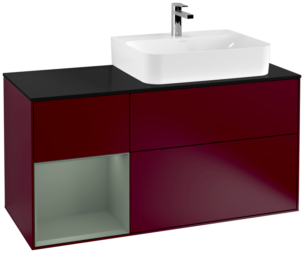 V&B Waschtisch-Unterschrank Abdeckplatte Glass Black Matt Finion 120cm, Regal links Olive Matt Lacquer, Peony Matt