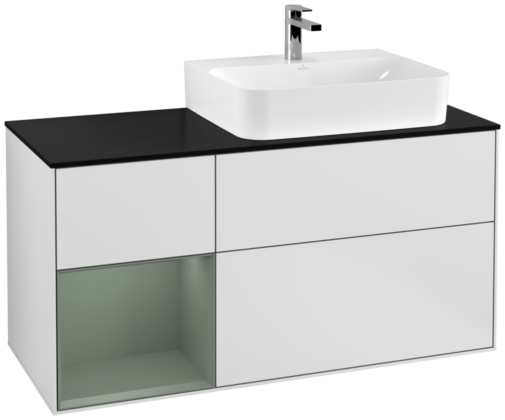 V&B Waschtisch-Unterschrank Abdeckplatte Glass Black Matt Finion 120cm, Regal links Olive Matt Lacquer, White matt lacquer