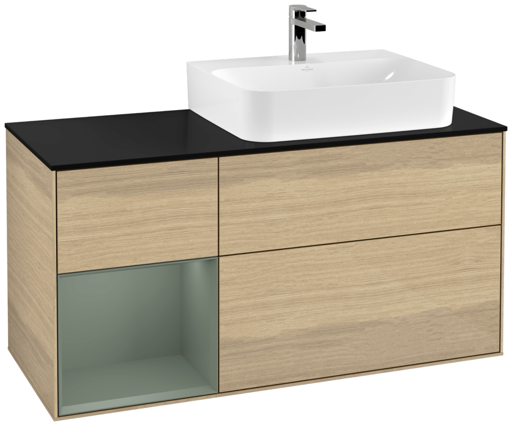 V&B Waschtisch-Unterschrank Abdeckplatte Glass Black Matt Finion 120cm, Regal links Olive Matt Lacquer, Oak Veneer